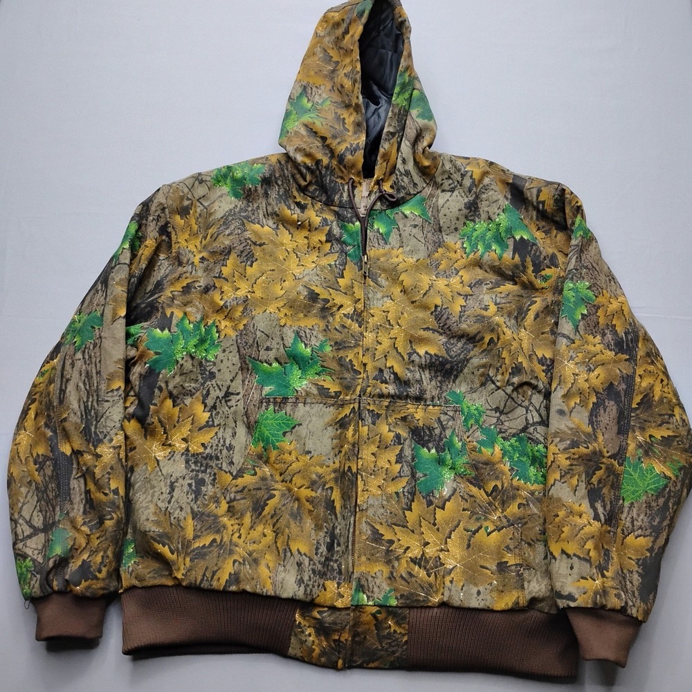 Bear River Workwear Mens XL Camo Hooded Jacket Quilted Lined Leaf Print Brown